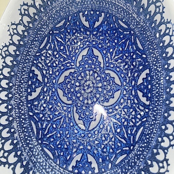 Sapphire Blue Hand Painted Glass Raised Relief Oval Bowl - Picture 6 of 8